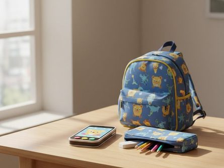 테이블 위에 놓인 키즈폰과 충전 케이블