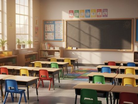 초등학교 교실 책상과 의자가 놓인 빈 교실 풍경
