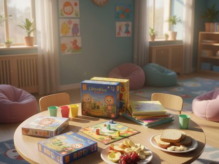 돌봄교실에서 선생님과 함께 활동하는 초등학생들