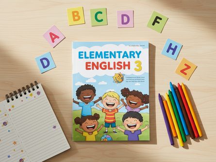 영어 교과서와 알파벳 카드가 놓인 책상