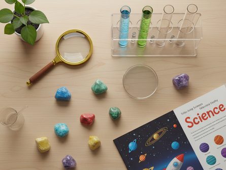 과학 실험 도구와 교과서가 놓인 실험대