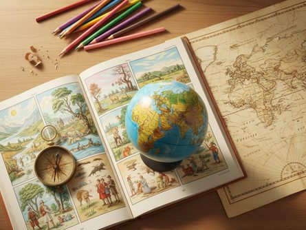 지도와 사회 교과서가 펼쳐진 책상