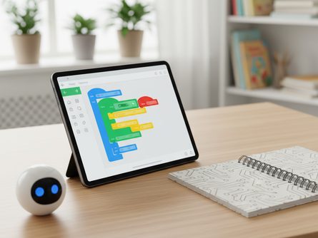 태블릿에 블록 코딩 프로그램이 열려 있는 모습