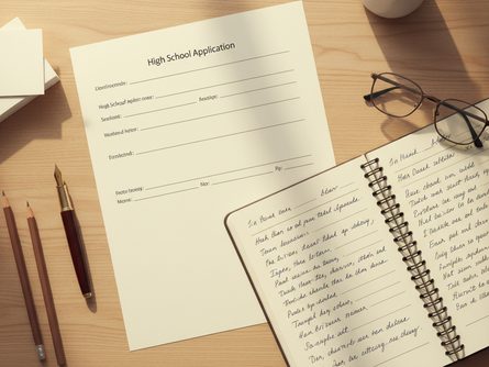 입학 지원서와 펜이 놓인 책상