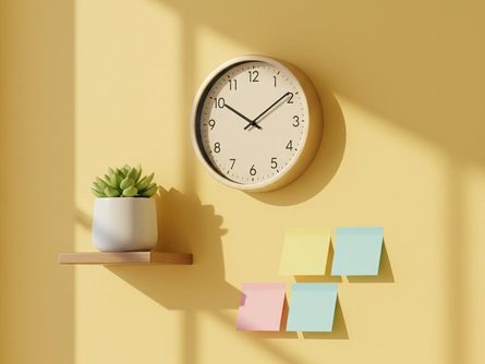 교실 칠판 옆 시계와 시간표가 붙어 있는 풍경