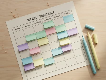 시간표와 필기도구가 놓인 책상