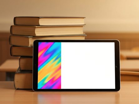 태블릿과 교과서가 나란히 놓인 책상