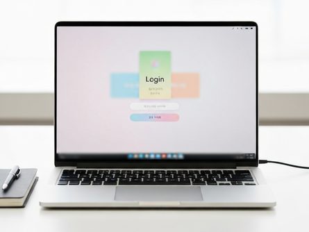 노트북 화면이 켜져 있는 책상